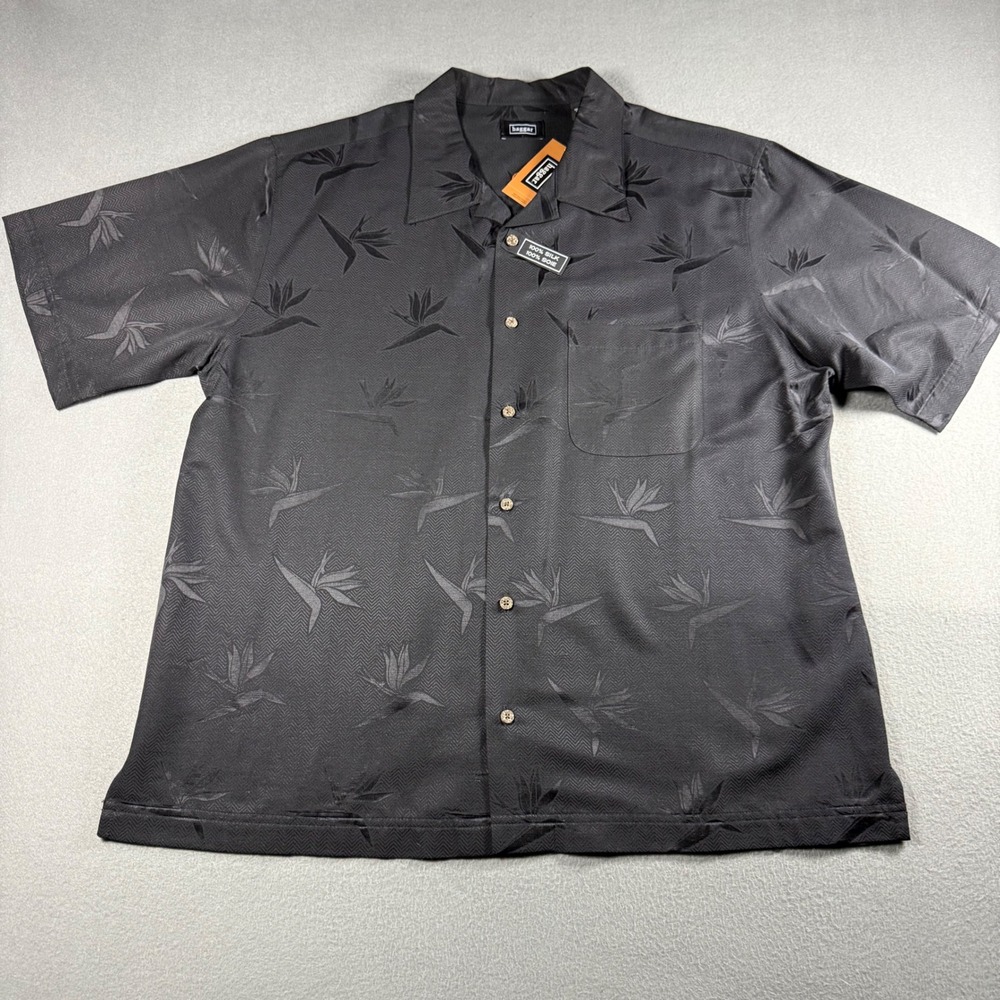 Haggar Mens Large Silk Camp Shirt Black Bird of Paradise Jacquard Short Sleeve